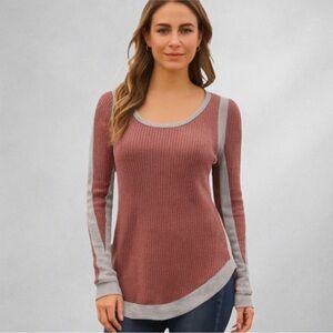 Free People Womens Top Small SP Colorblock Waffle Knit Shirt Multicolor